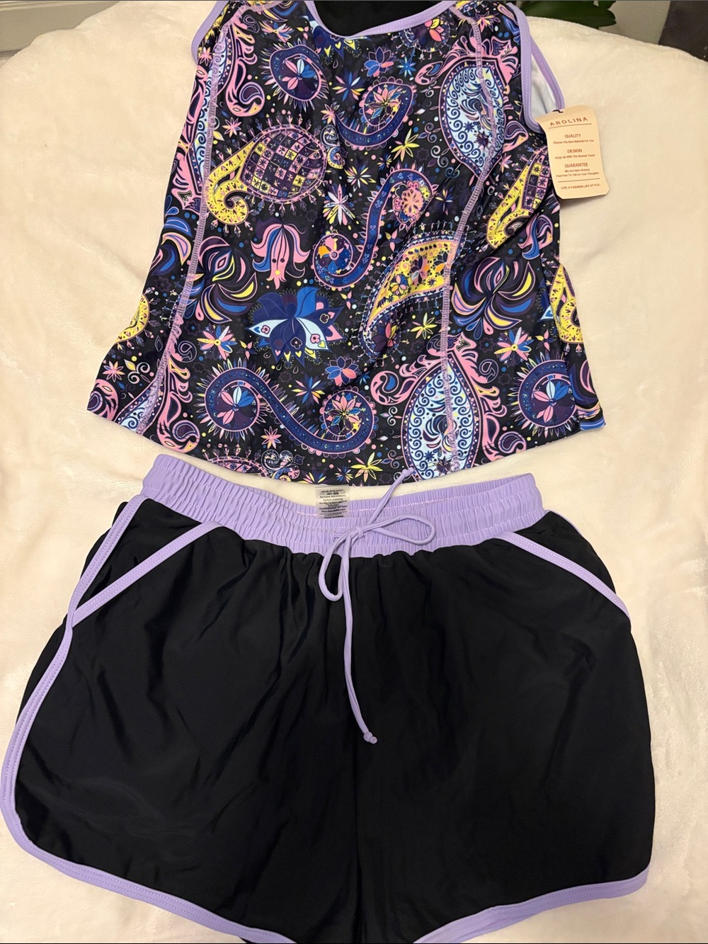 Carolina Paisley Print Tankini Top and Black Lilac-Trim Shorts Set